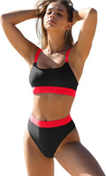 Women High Waisted Bikini Set Sports Color Block Swimsuit Scoop Neck Cheeky Bathing Suit