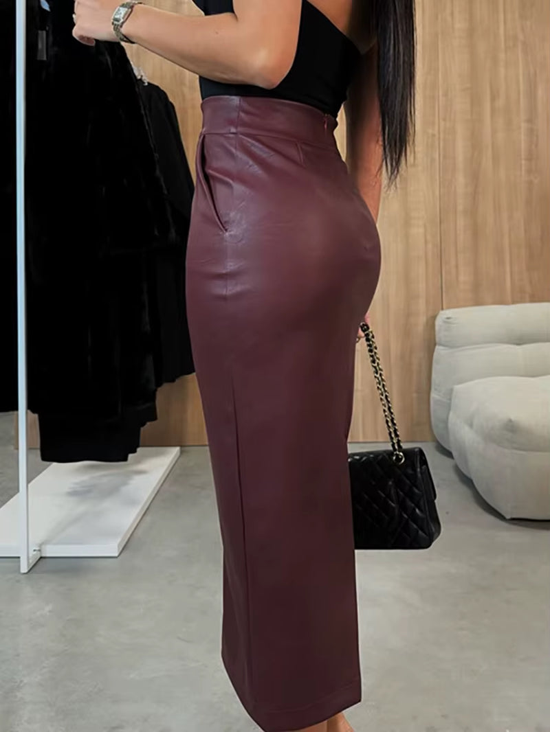 PU Leather Patchwork High Waist Maxi Skirt – Winter Glam Redefined
